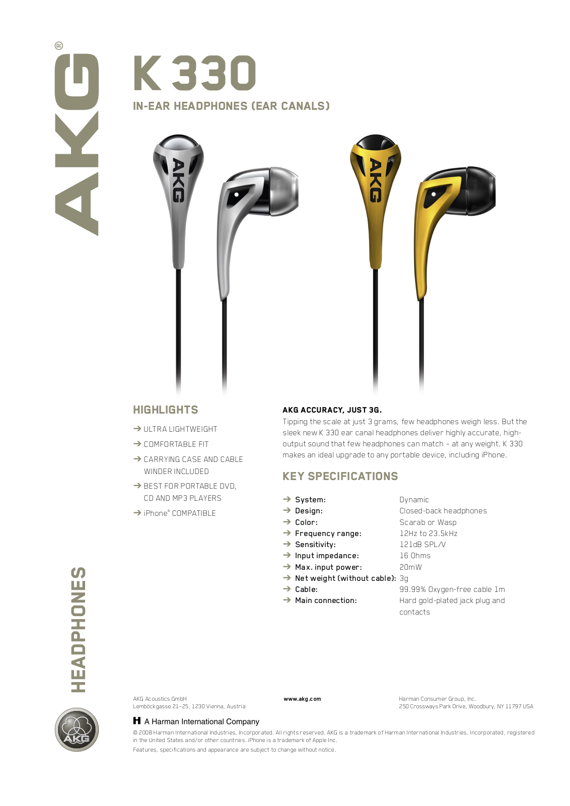 AKG Acoustics K330 USER INSTRUCTIONS