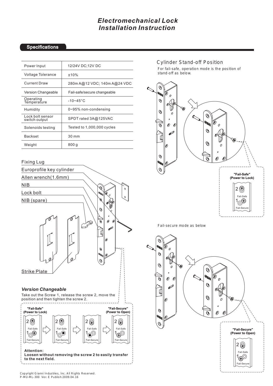 Gianni Industries Electromechanical Lock User Manual