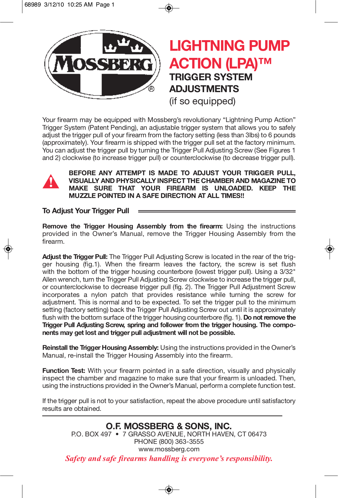 Mossberg LP Lightning Pump Action Trigger system User Manual