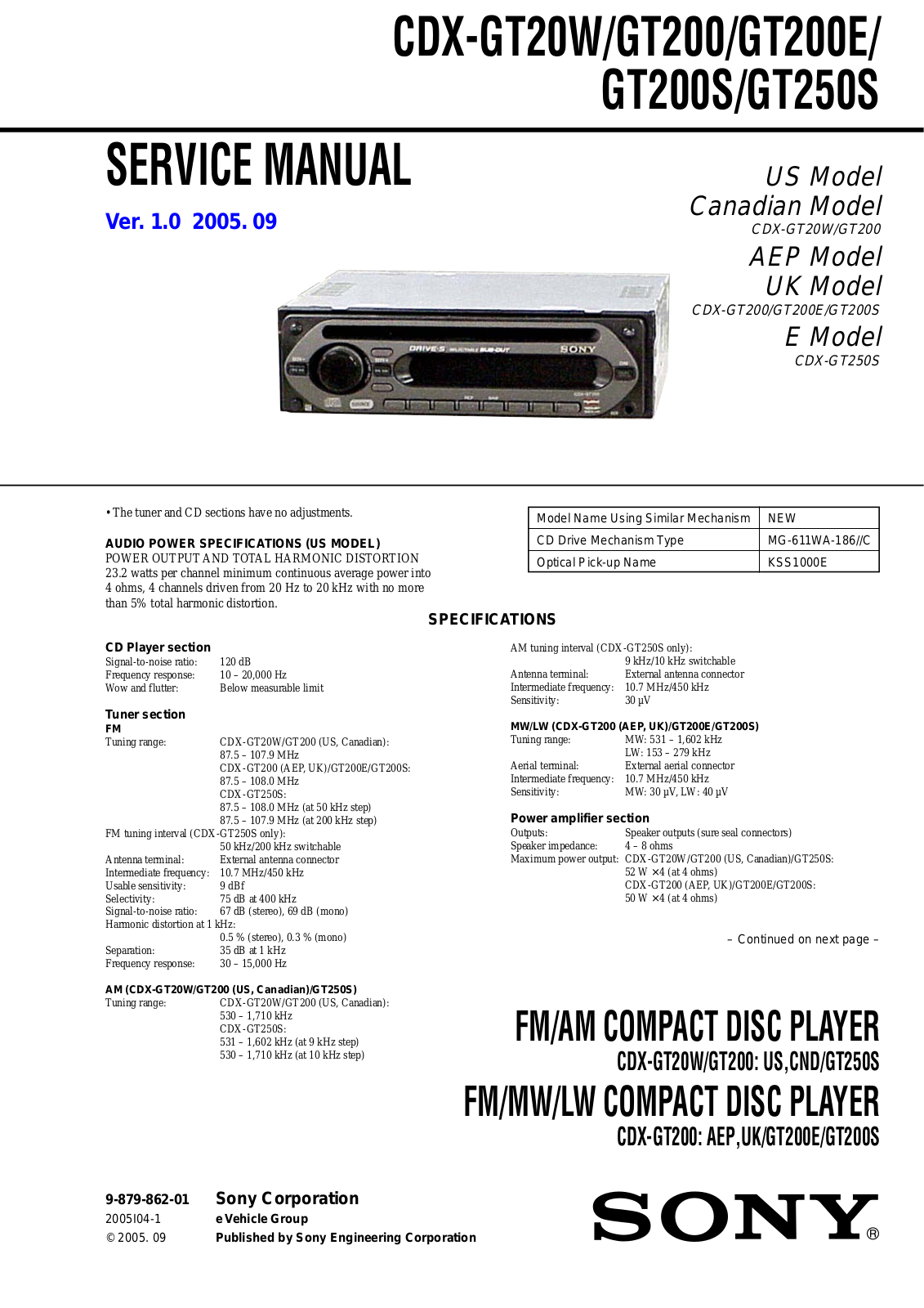 Sony CDXGT-200-E Service manual