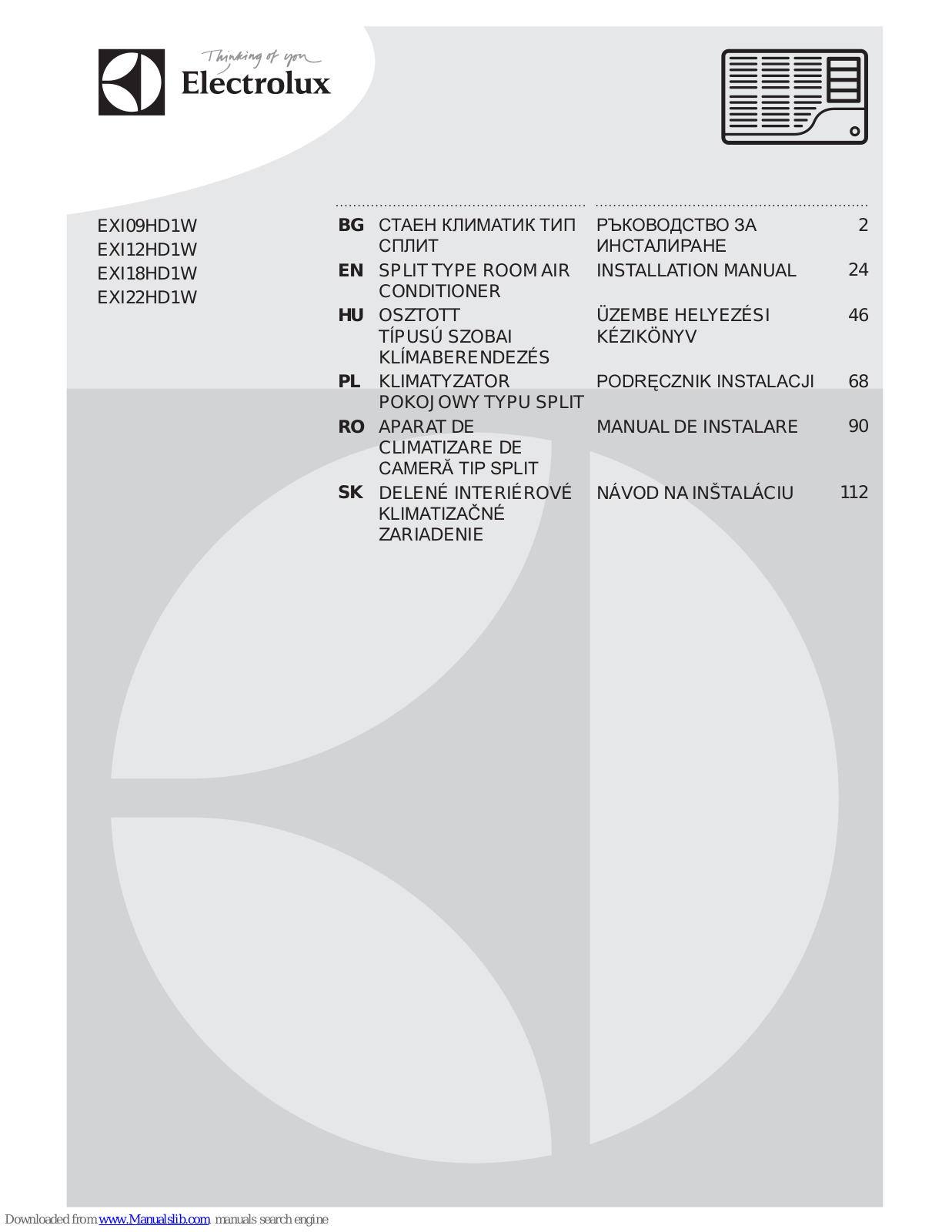 Electrolux EXI09HD1W, EXI12HD1W, EXI18HD1W, EXI22HD1W Installation Manual