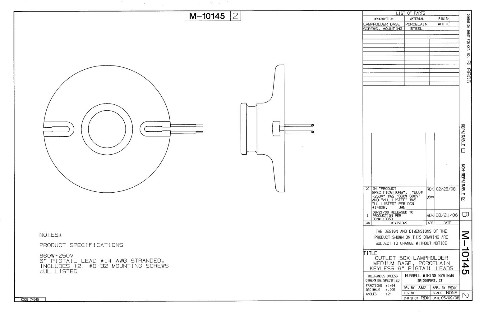 Hubbell RL8806 Reference Drawing