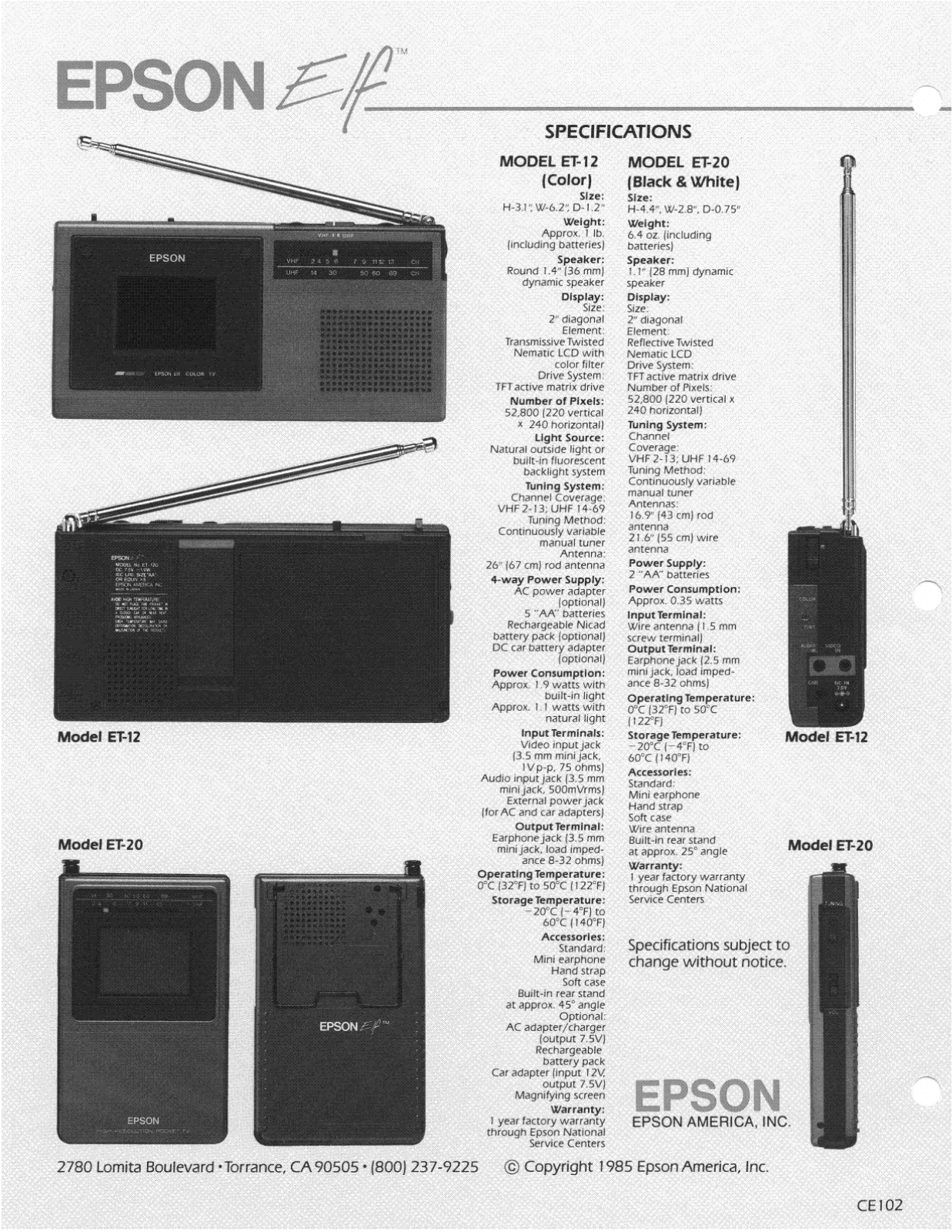 Epson ET-12, ET-20, Elf ET-12, Elf ET-20 Specification