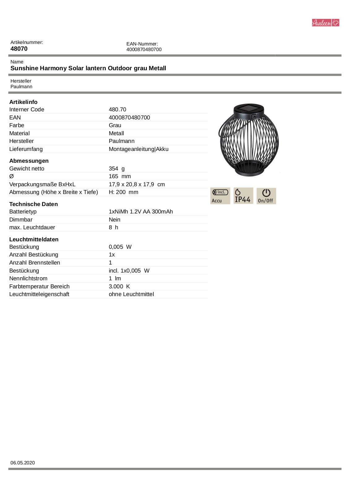 Pauleen Sunshine Harmony Technical data