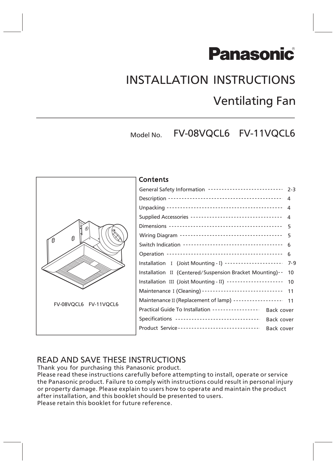 Panasonic FV-11VQCL6 User Manual