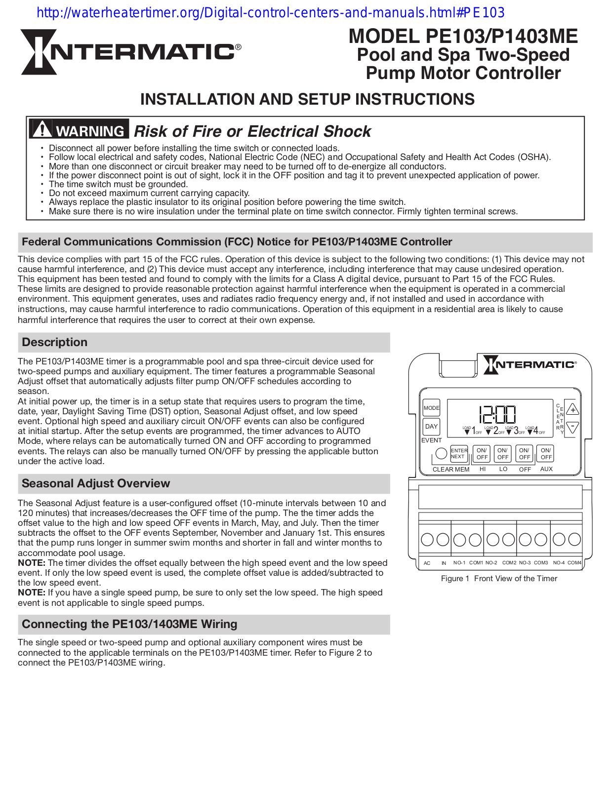 Intermatic PE103, P1403ME Installation And Setup Instructions