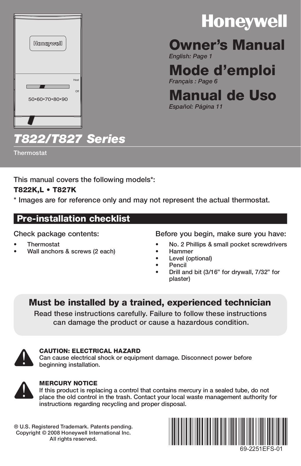 Honeywell T822, T827 User Manual