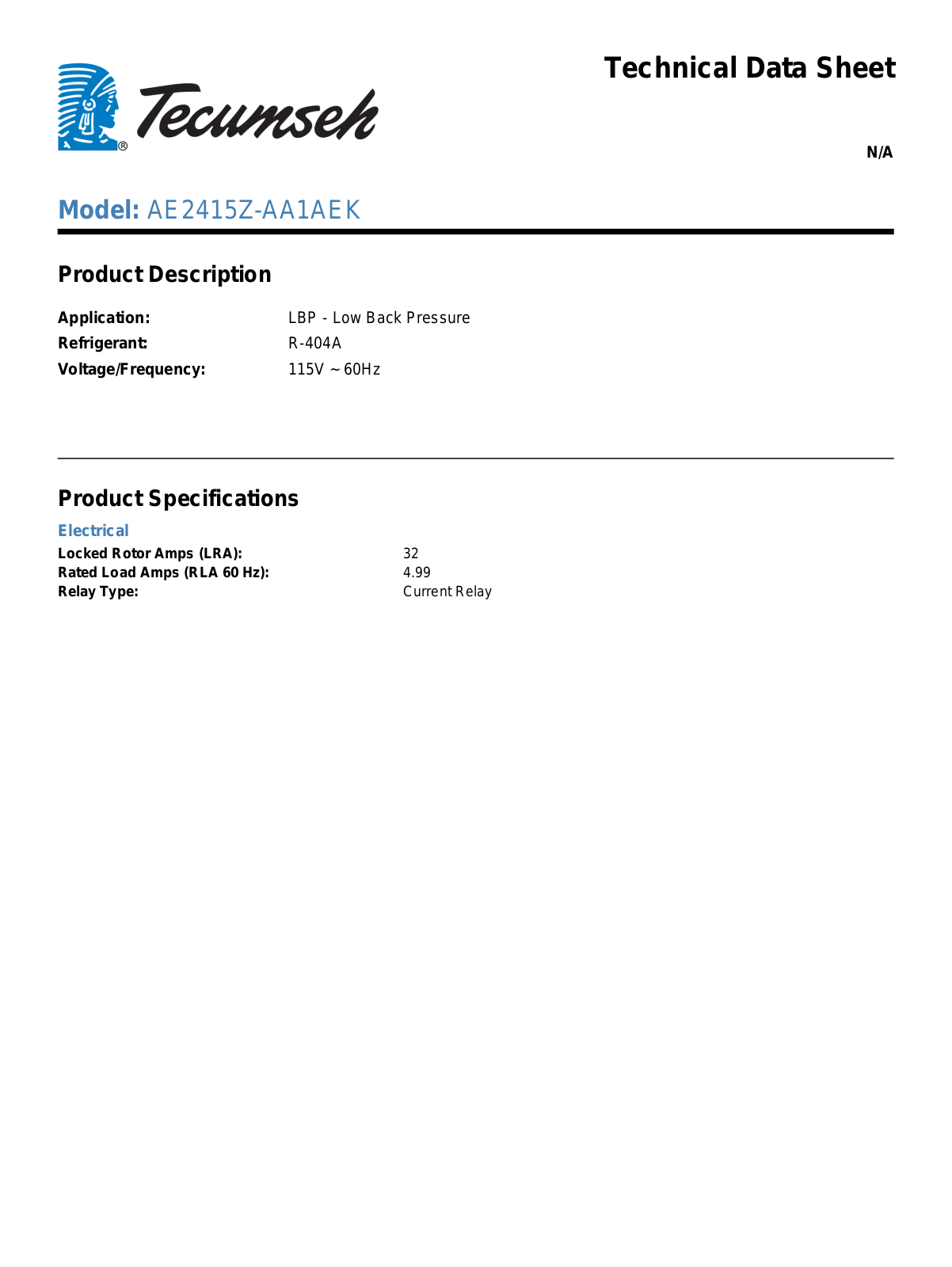 Tecumseh AE2415Z-AA1AEK User Manual