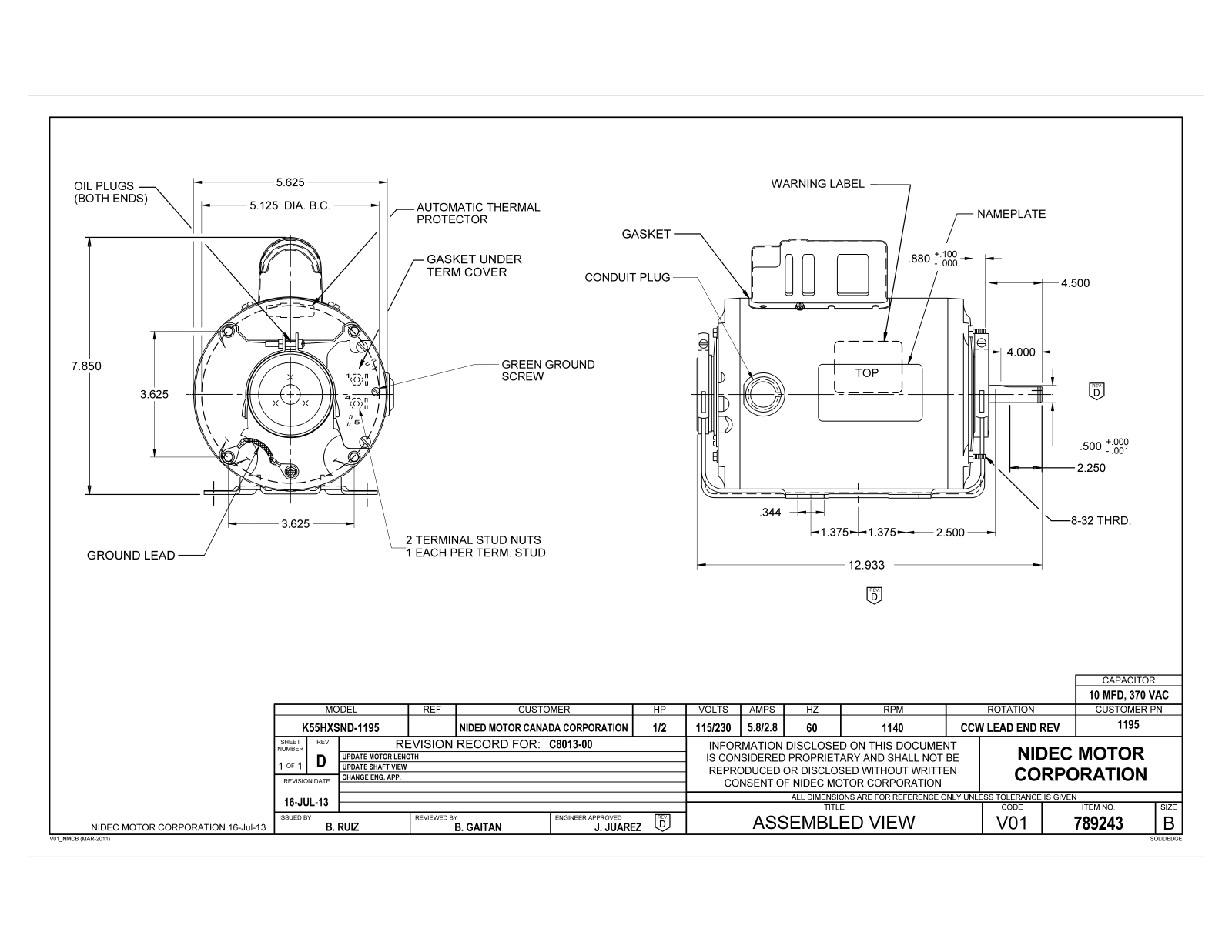 US Motors 1195 Dimensional Sheet