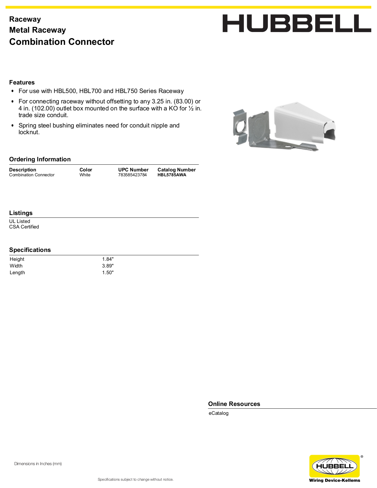 Hubbell HBL5785AWA Specifications