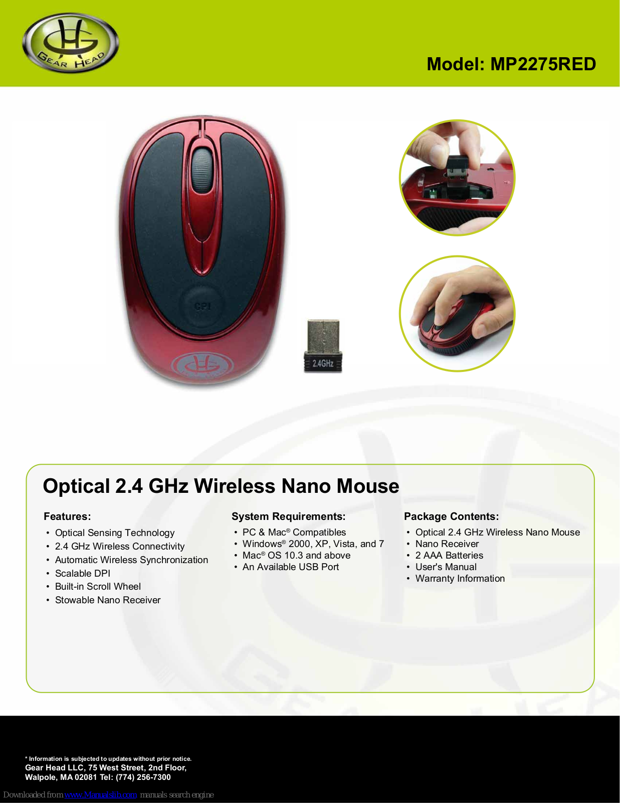 Gear Head MP2275, MP2275RED Specification - ManualMachine.com
