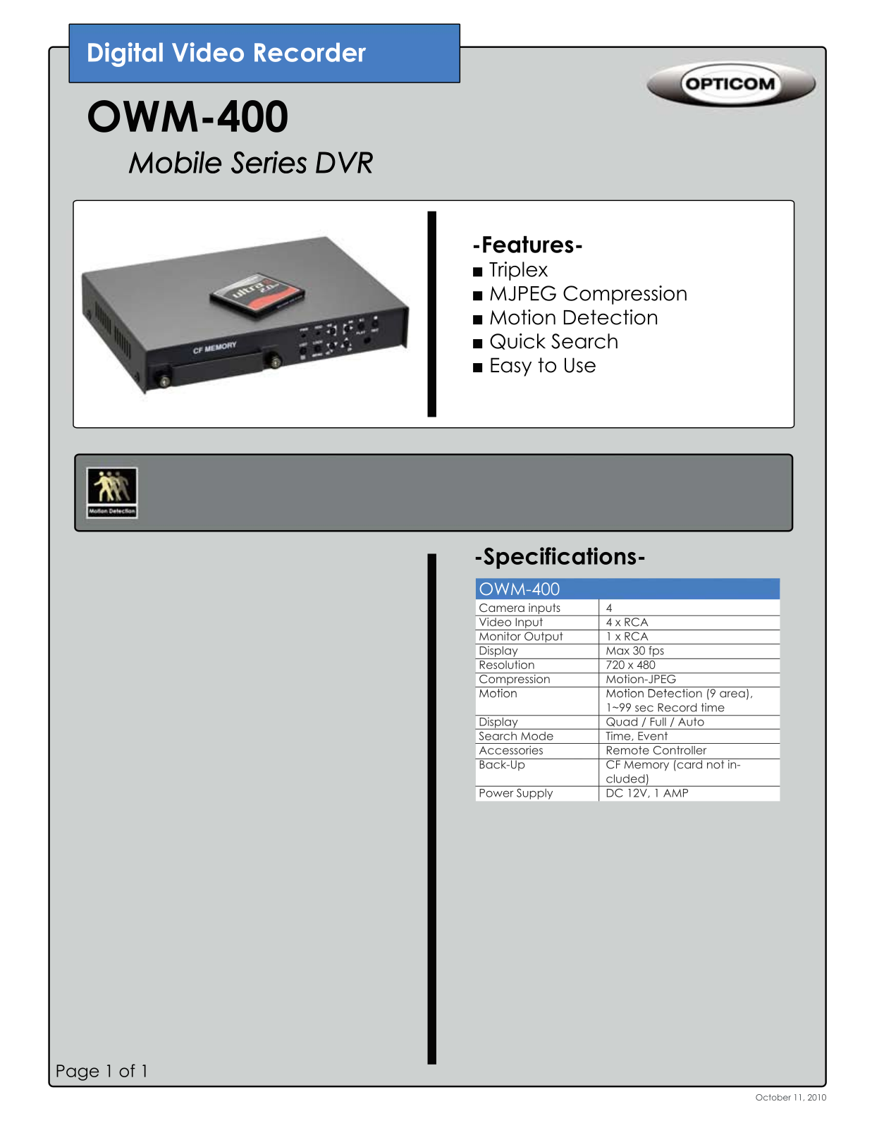 Opticom OWM-400 PRODUCT DATA