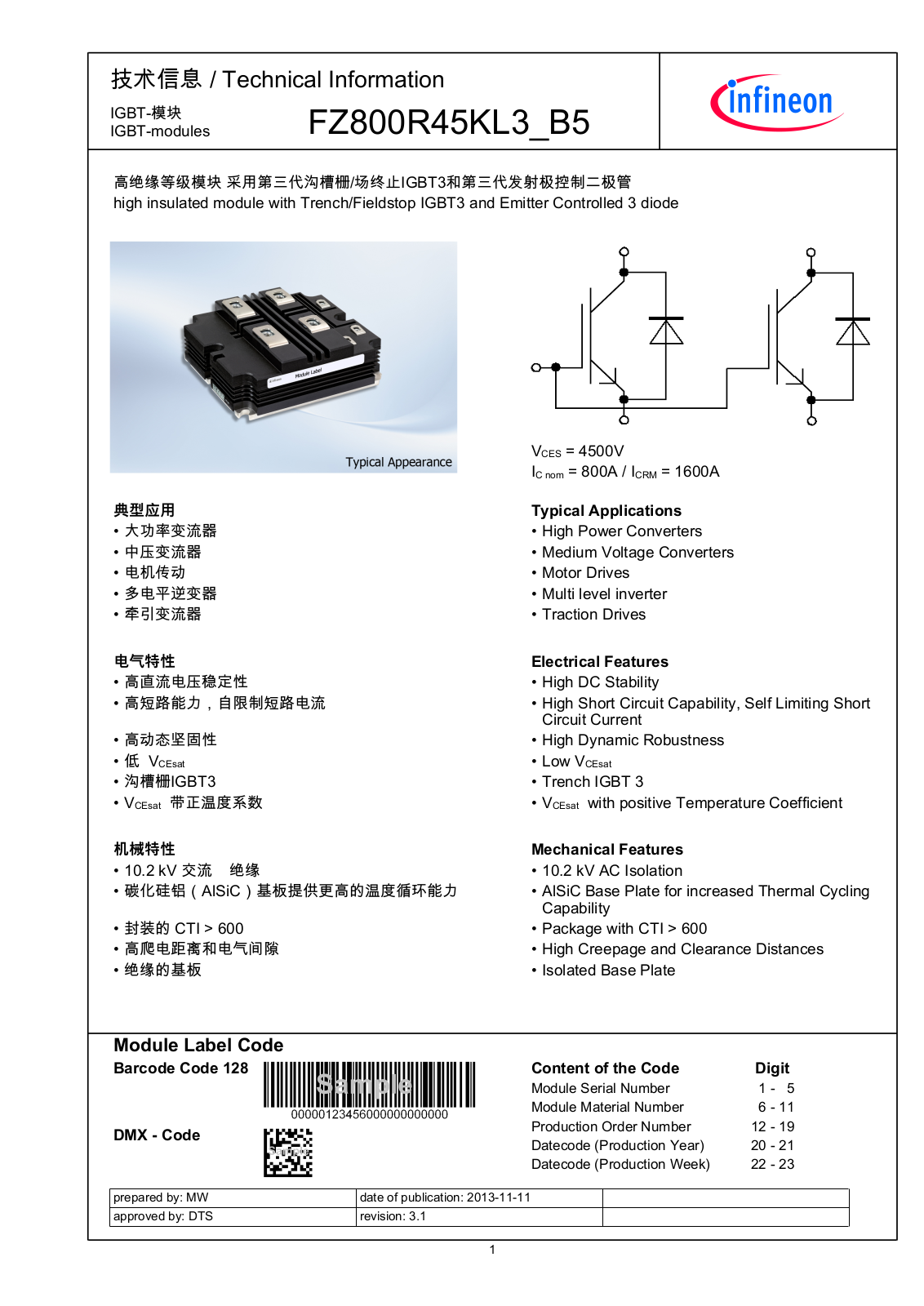 Infineon FZ800R45KL3_B5 Data Sheet