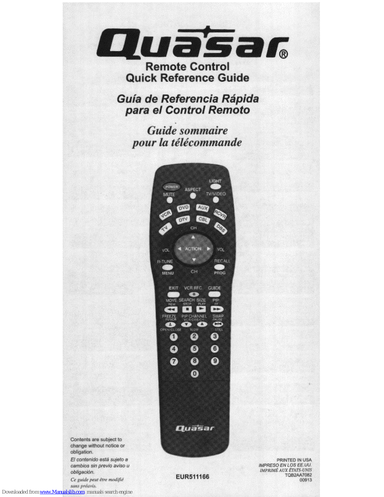 Quasar EUR511166, EUR511162 - TV REMOTE CONTROL Quick Reference Manual