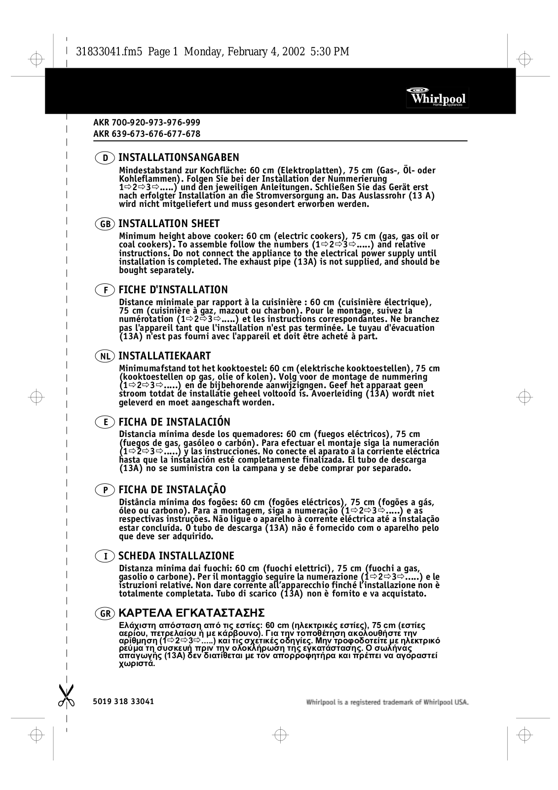 Whirlpool AKR 700 IX, AKR 920 IX, AKR 700 AL INSTRUCTION FOR USE