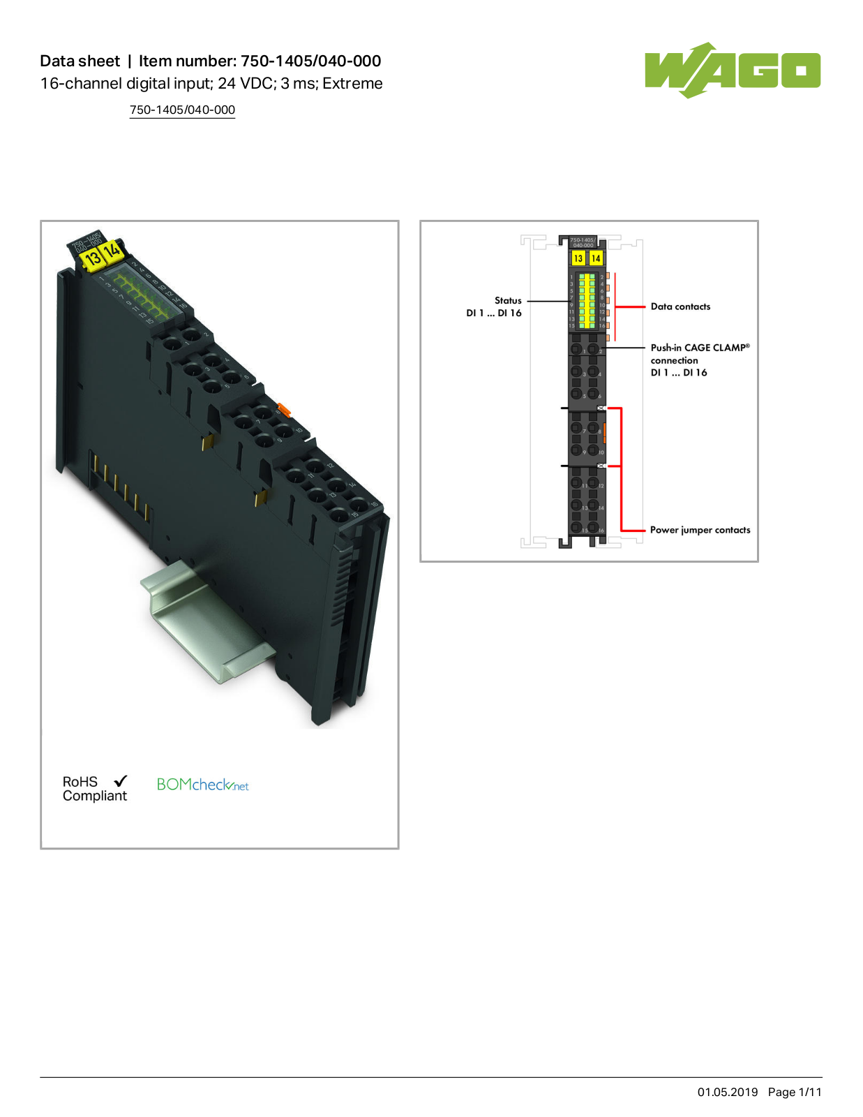 Wago 750-1405/040-000 Data Sheet