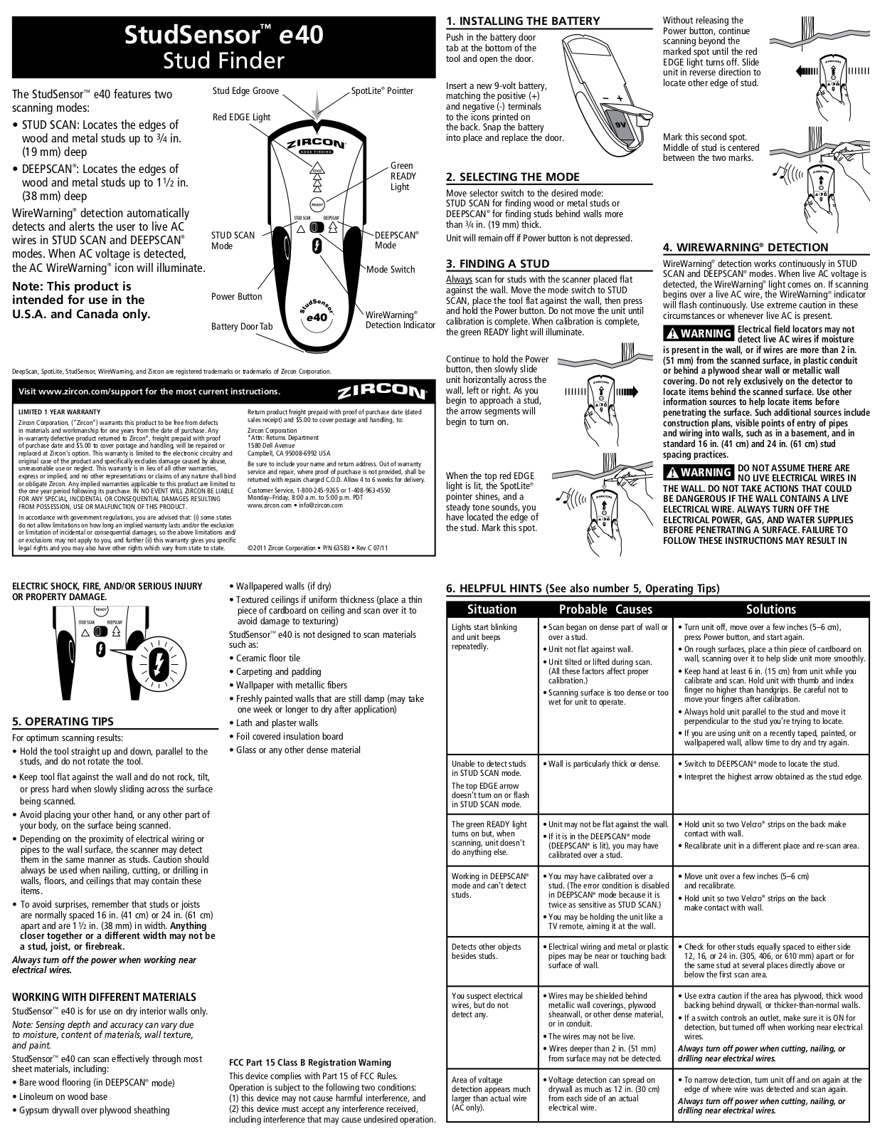 Zircon StudSensor e40 Owner's Manual