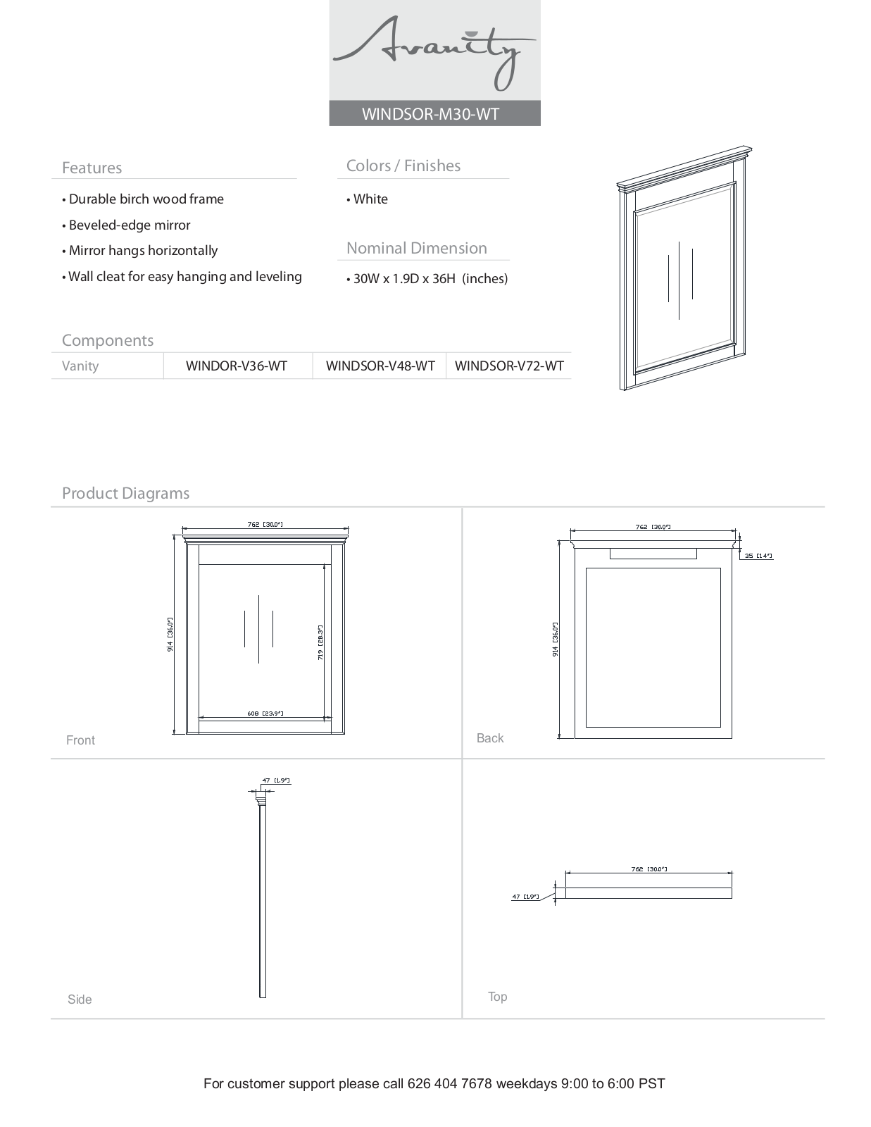 Avanity WINDSORM30WT Specifications