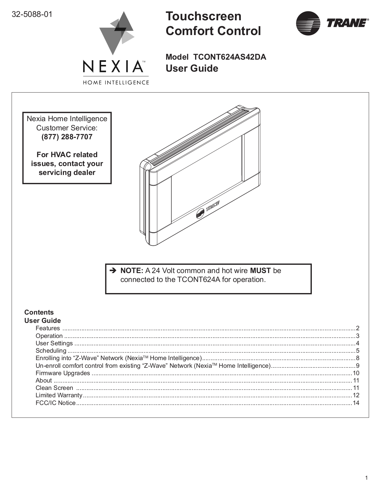 Trane TCONT624AS42DA, Nexia Touch Screen Comfort Control User Manual