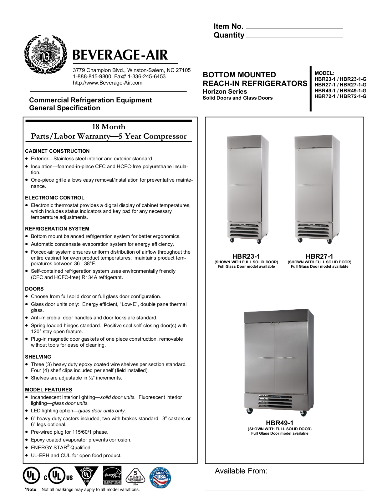 Beverage-Air HBR23-1, HBR23-1-G, HBR27-1, HBR27-1-G, HBR49-1 General Manual