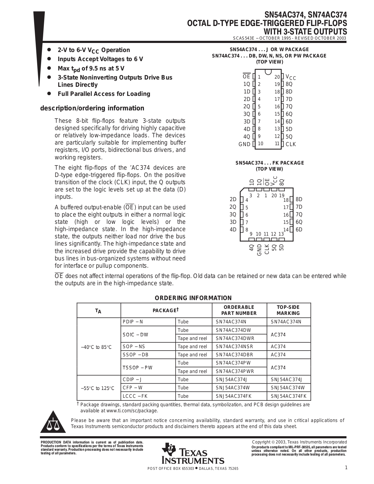 TEXAS INSTRUMENTS SN54AC374, SN74AC374 Technical data