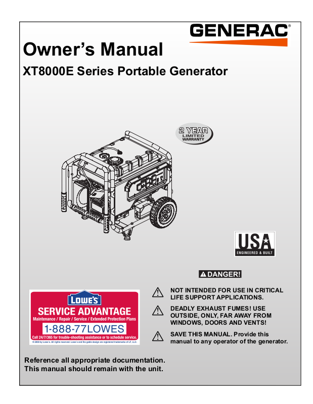 Generac XT8000E User Manual