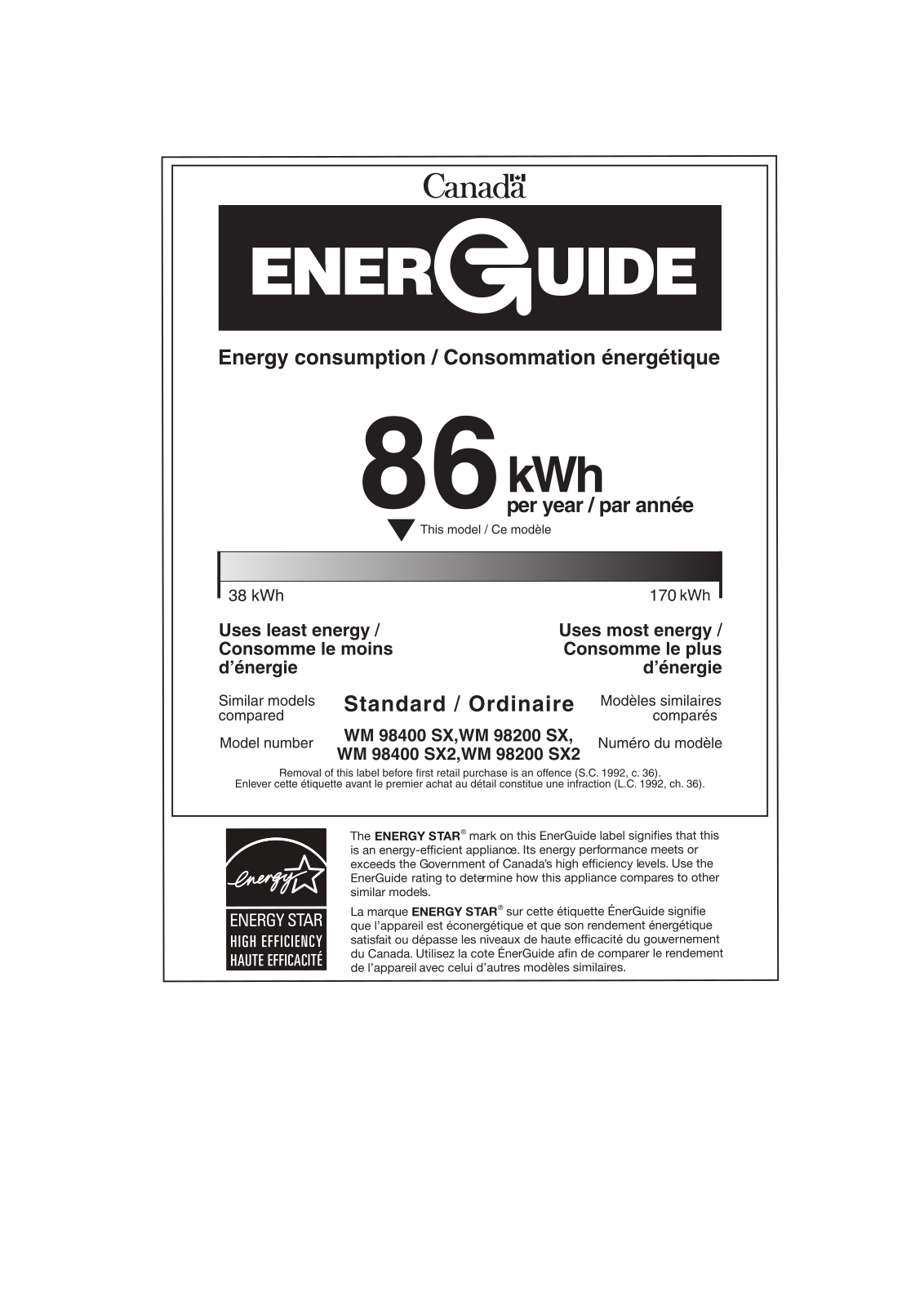 Blomberg WM98200SX, WM98400SX Energy Label