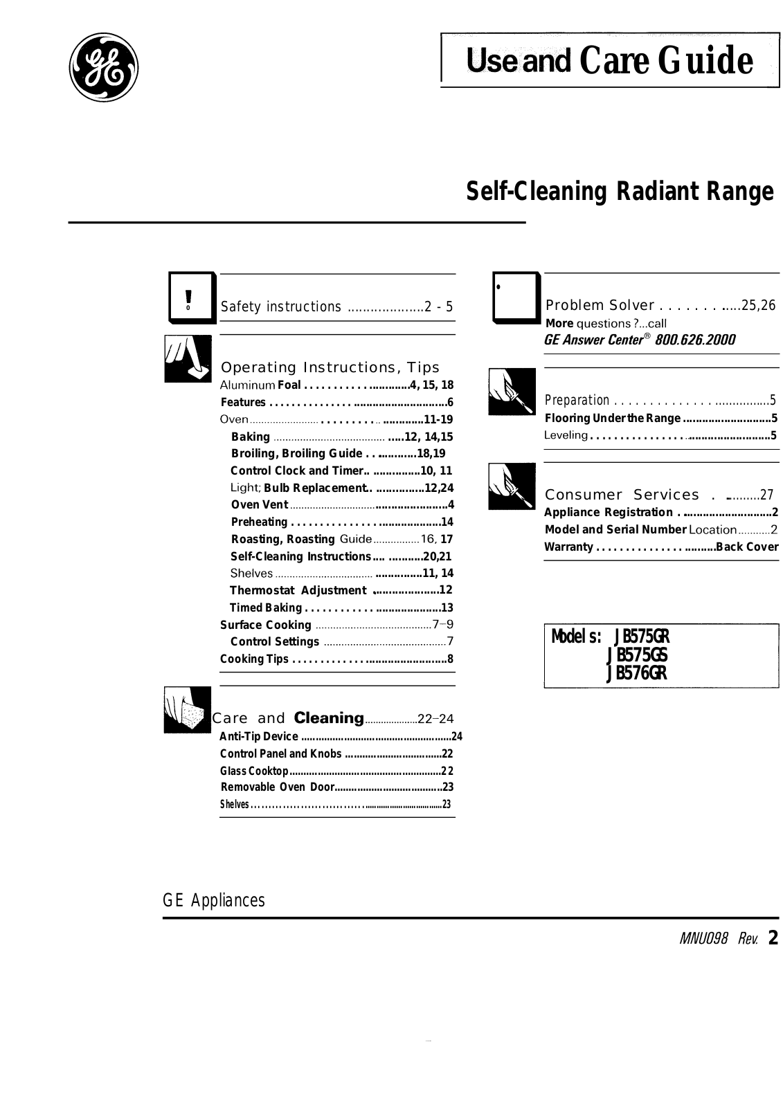 GE JB575GR, JB575GS, JB576GR Use and Care Manual