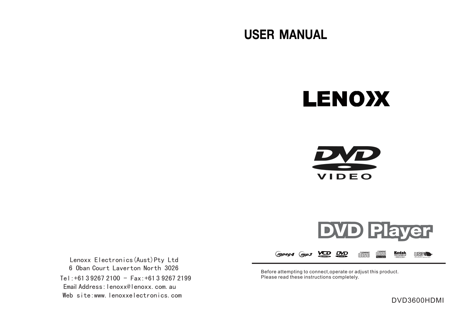 Lenoxx DVD3600 User Manual