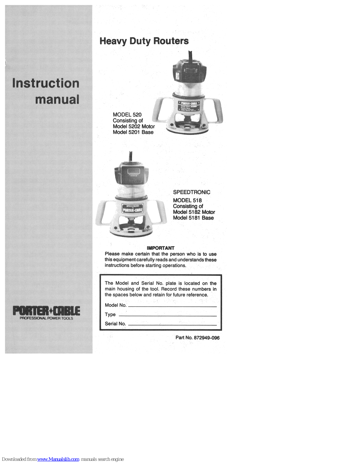 Porter-Cable 520, 5202, 5201, 5182, 5181 Instruction Manual