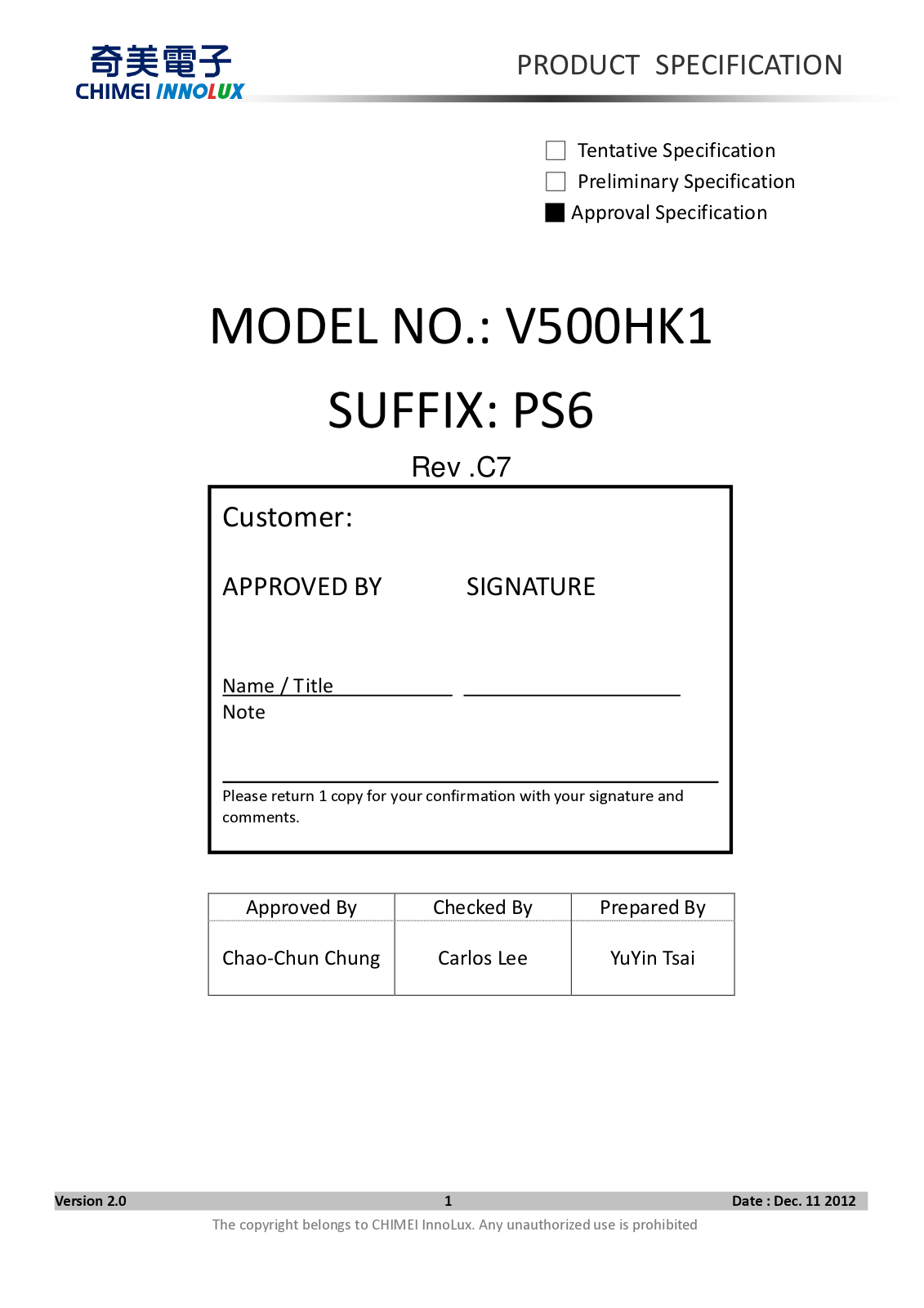 CHIMEI INNOLUX V500HK1-PS6 Specification