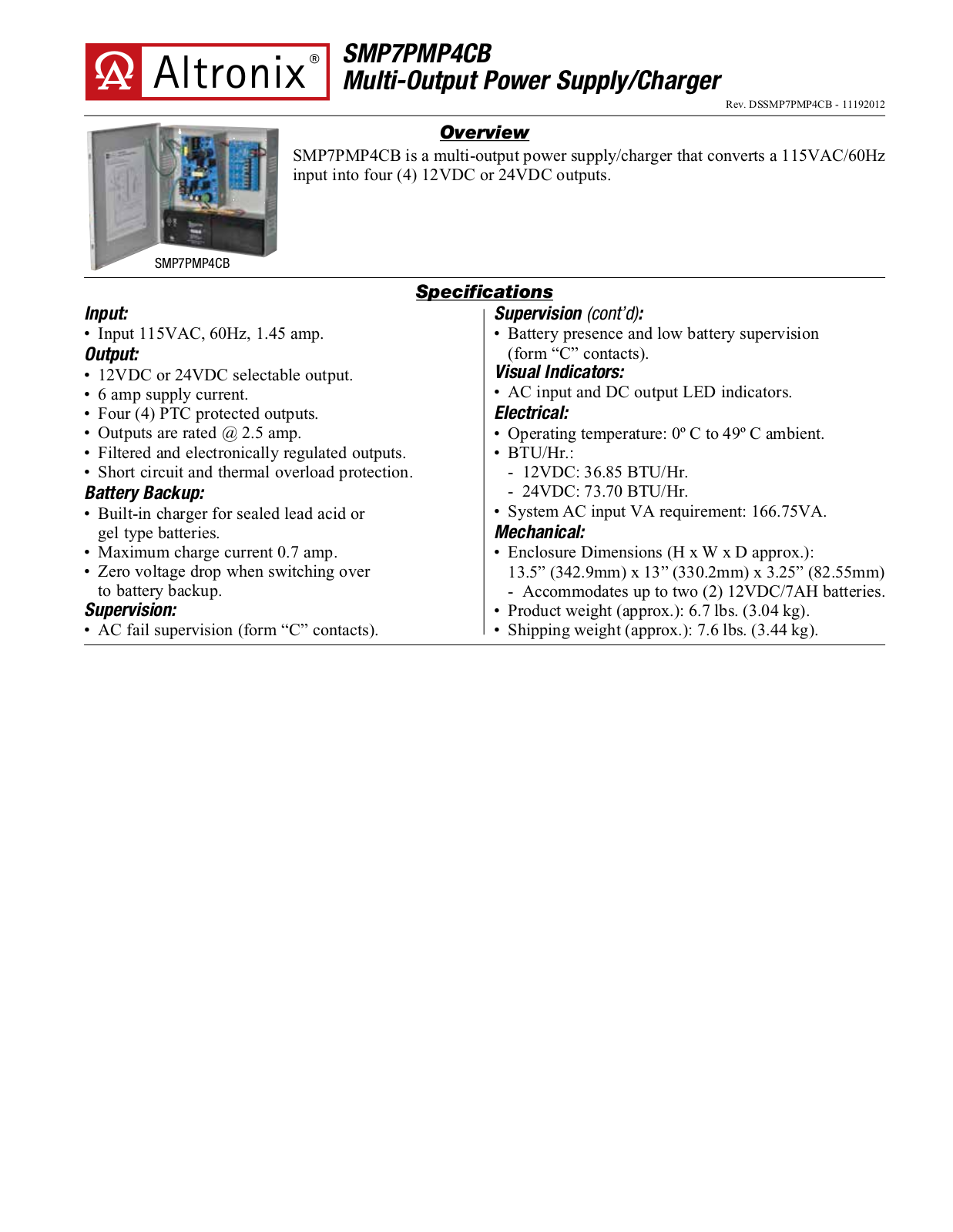 Altronix SMP7PMP4CB Data Sheet