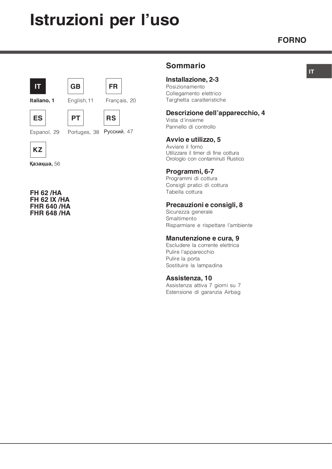 ARISTON FH 62 -HA, FH 62 IX -HA, FHR 640 -HA, FHR 648 -HA User Manual