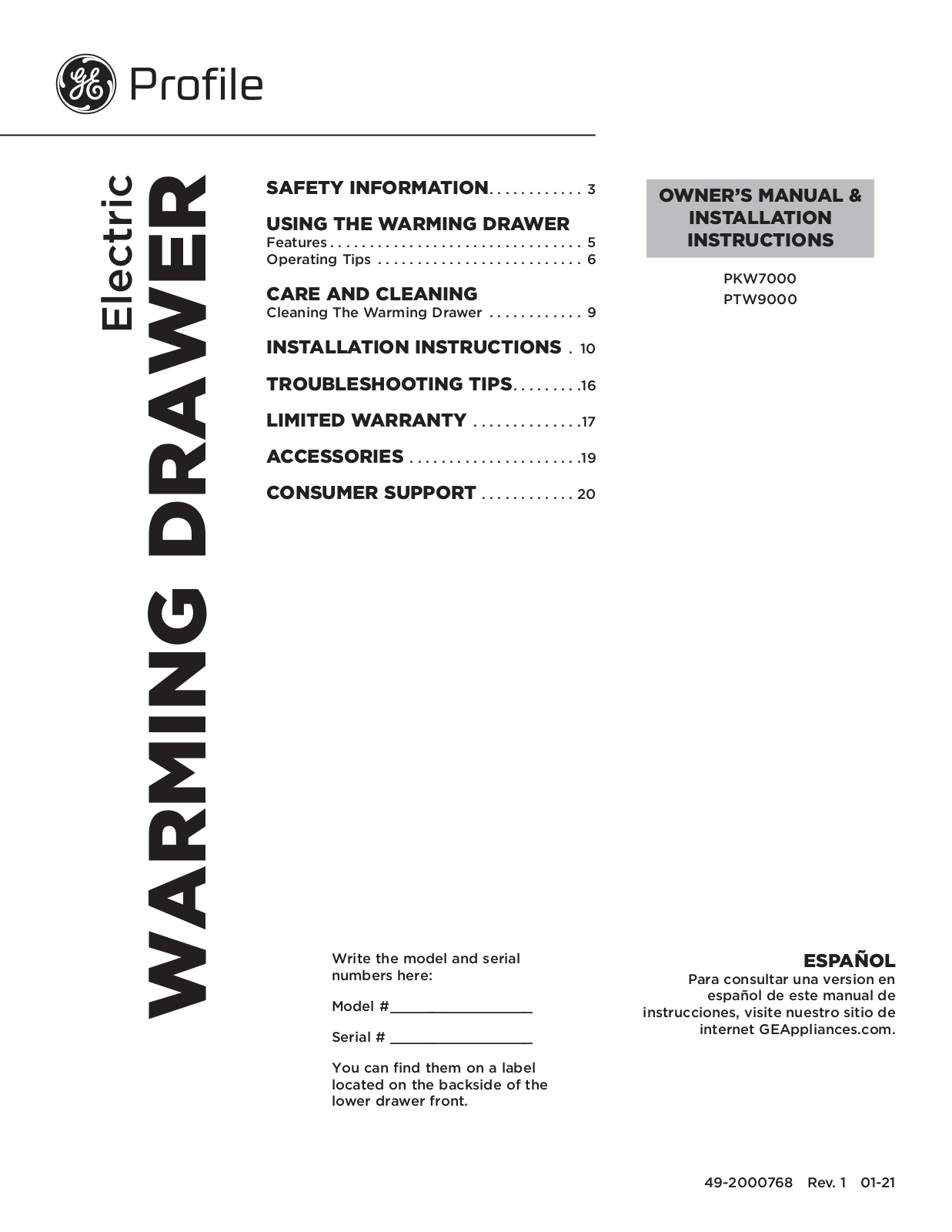 GE PKW7000, PTW9000 Owner’s Manual & Installation Instructions