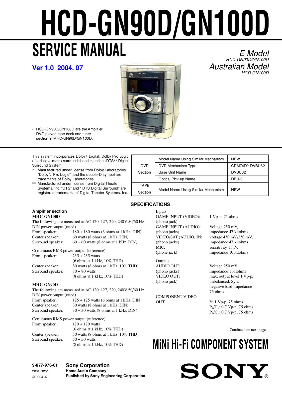 Sony HCD-GN90D, HCD-GN100D Service Manual