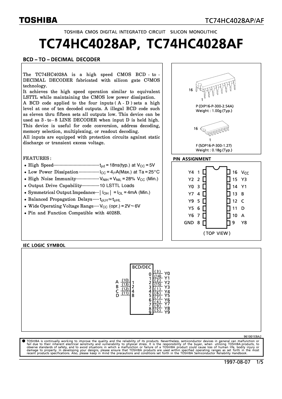 Toshiba TC74HC4028AF, TC74HC4028AP Datasheet