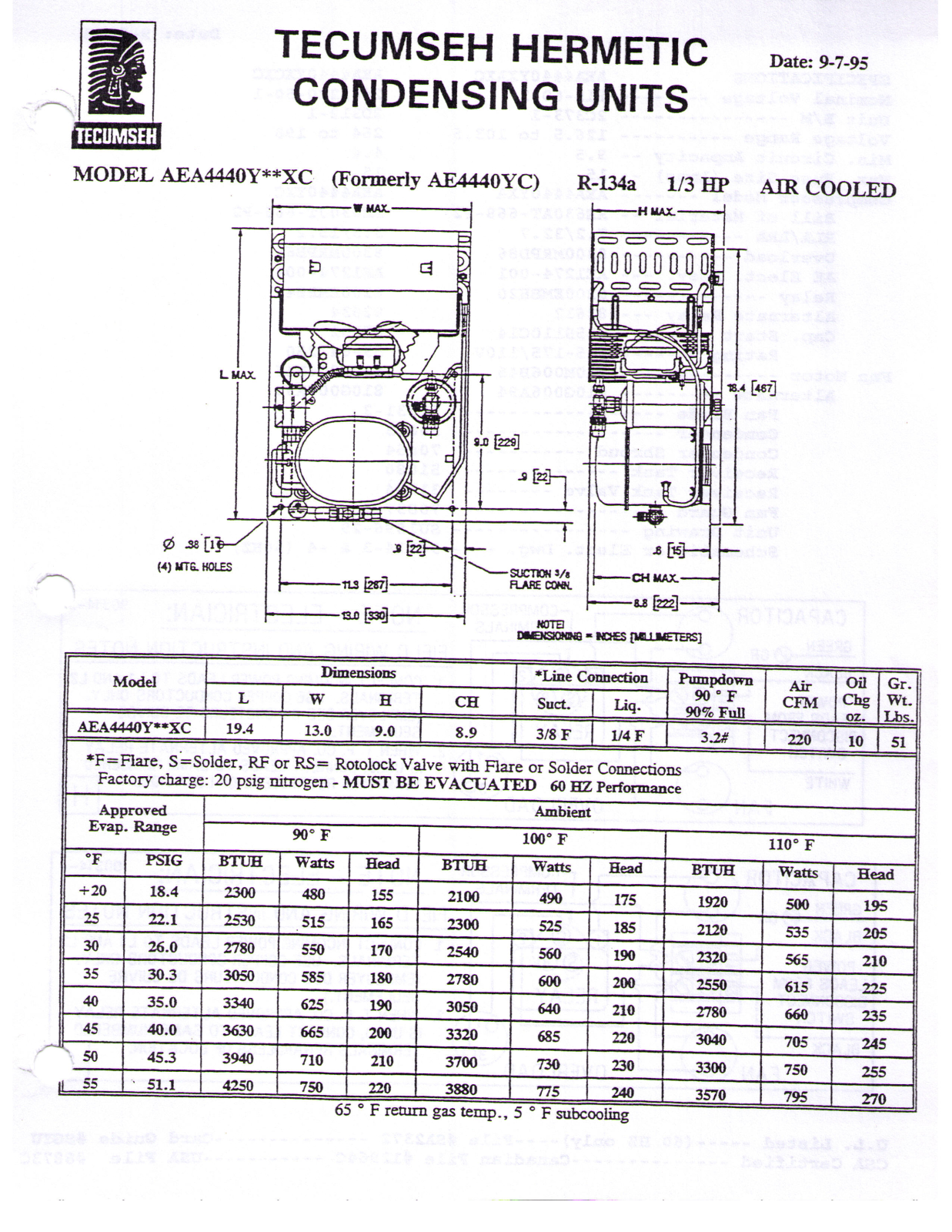 Tecumseh AEA4440YXAXC Performance Data Sheet