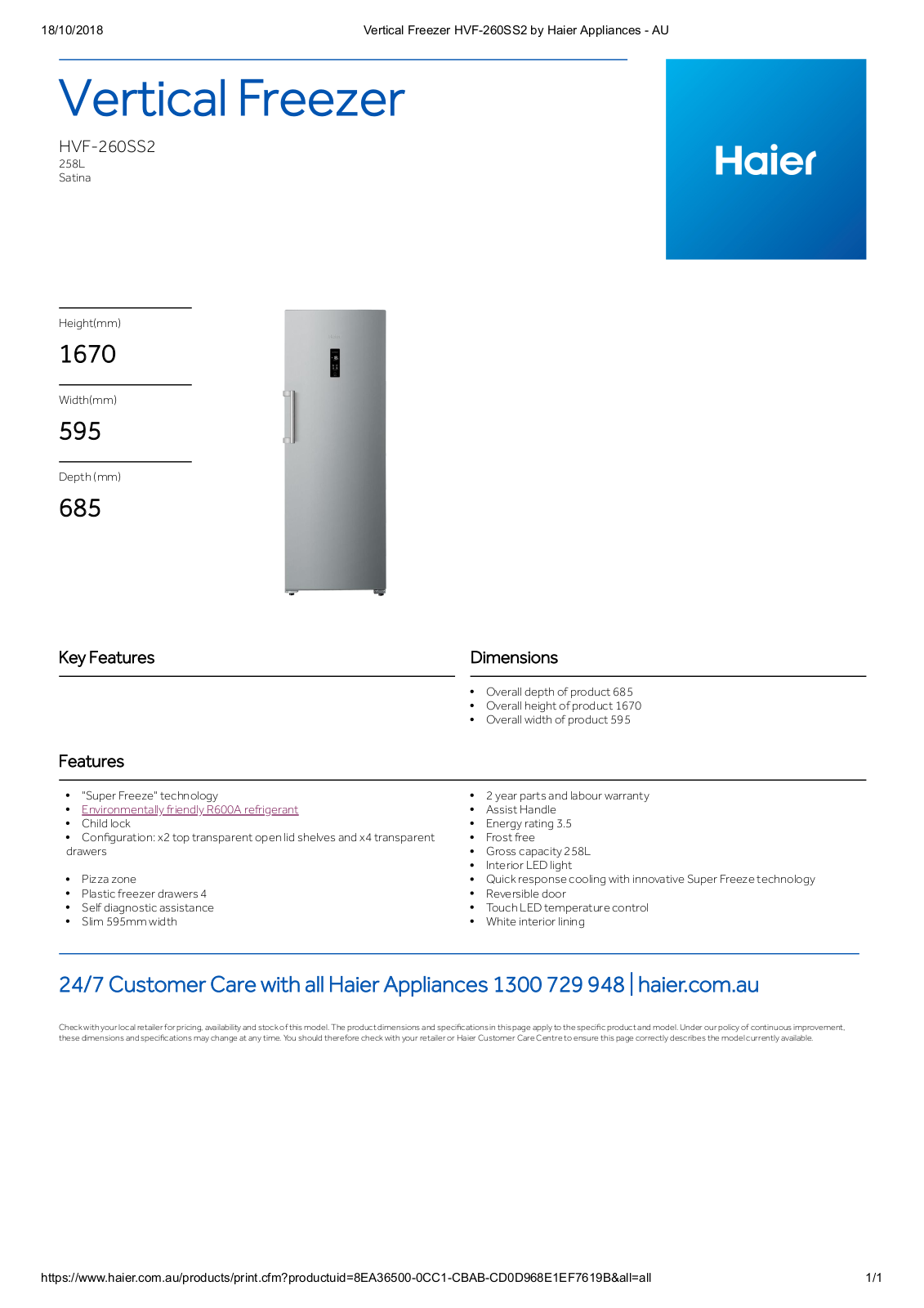 Haier HVF260SS2 Specifications Sheet