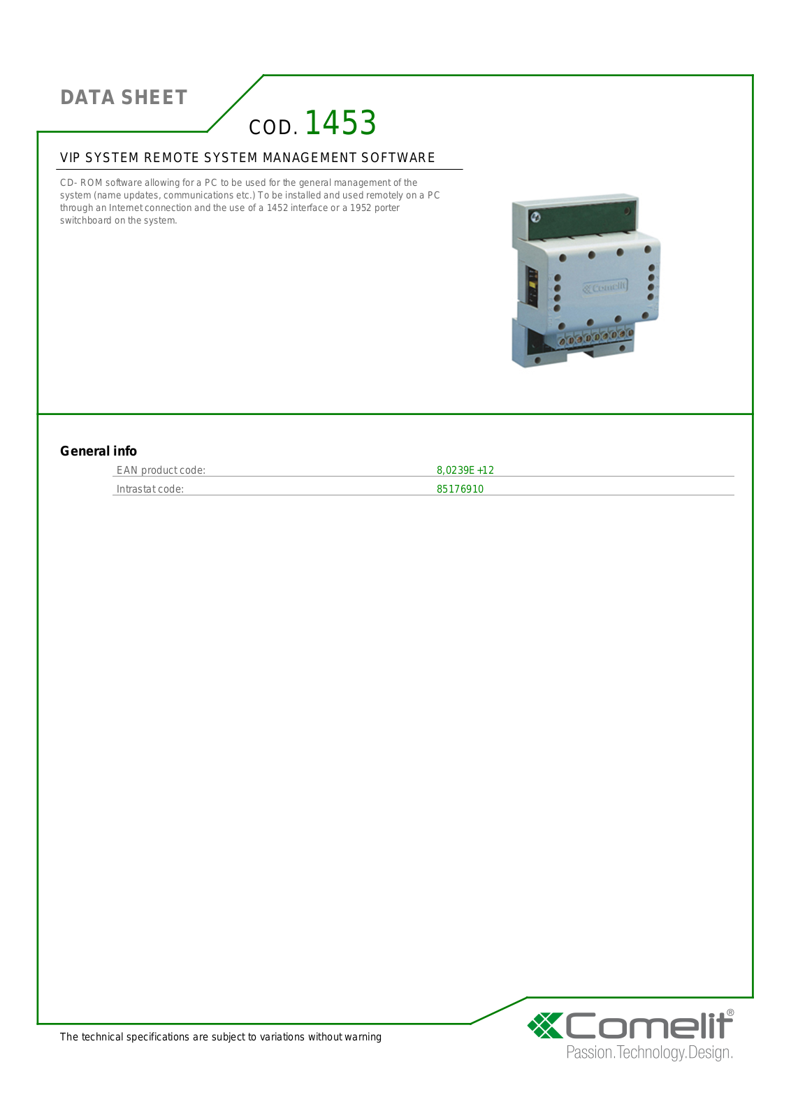 Comelit 1453 Specsheet