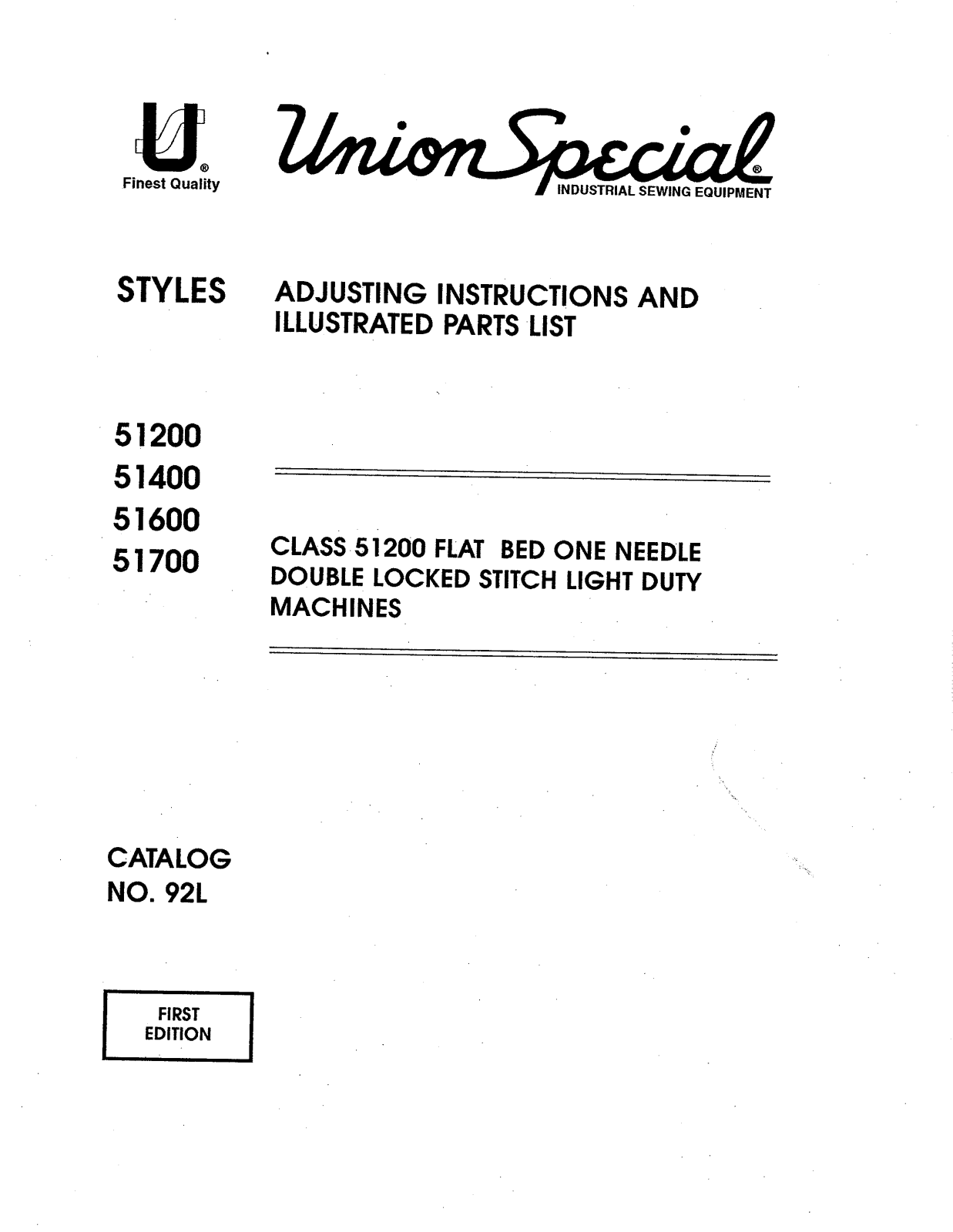 Union Special 51200H, 51200J, 51200K, 51200L, 51200M Parts List