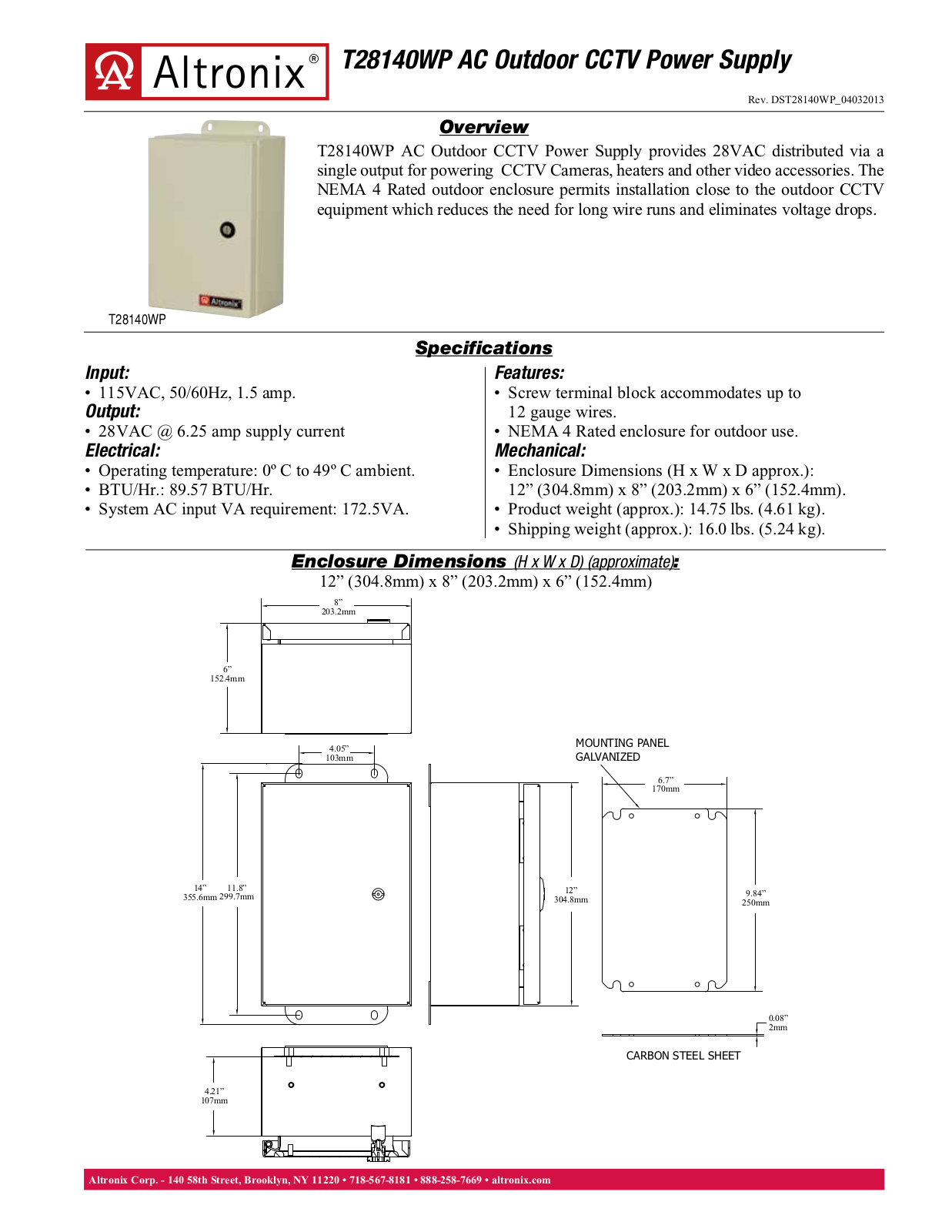 Altronix T28140WP Data Sheet