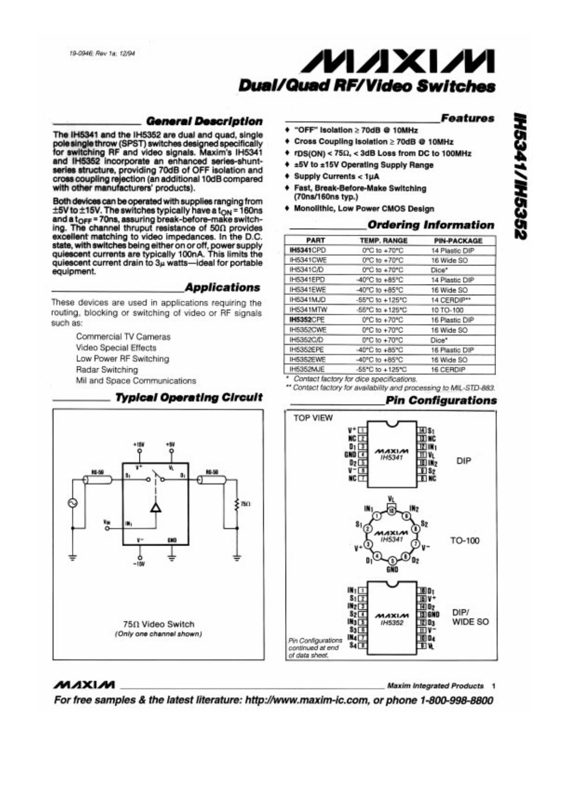 Maxim IH5352MJE, IH5352EWE, IH5352EPE, IH5352CWE, IH5341MTW Datasheet