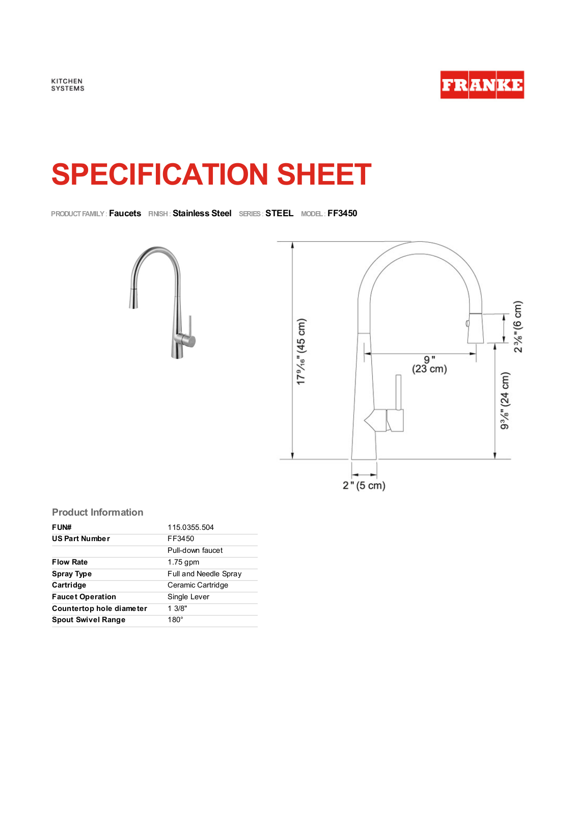 Franke FF3450 Specification Sheet