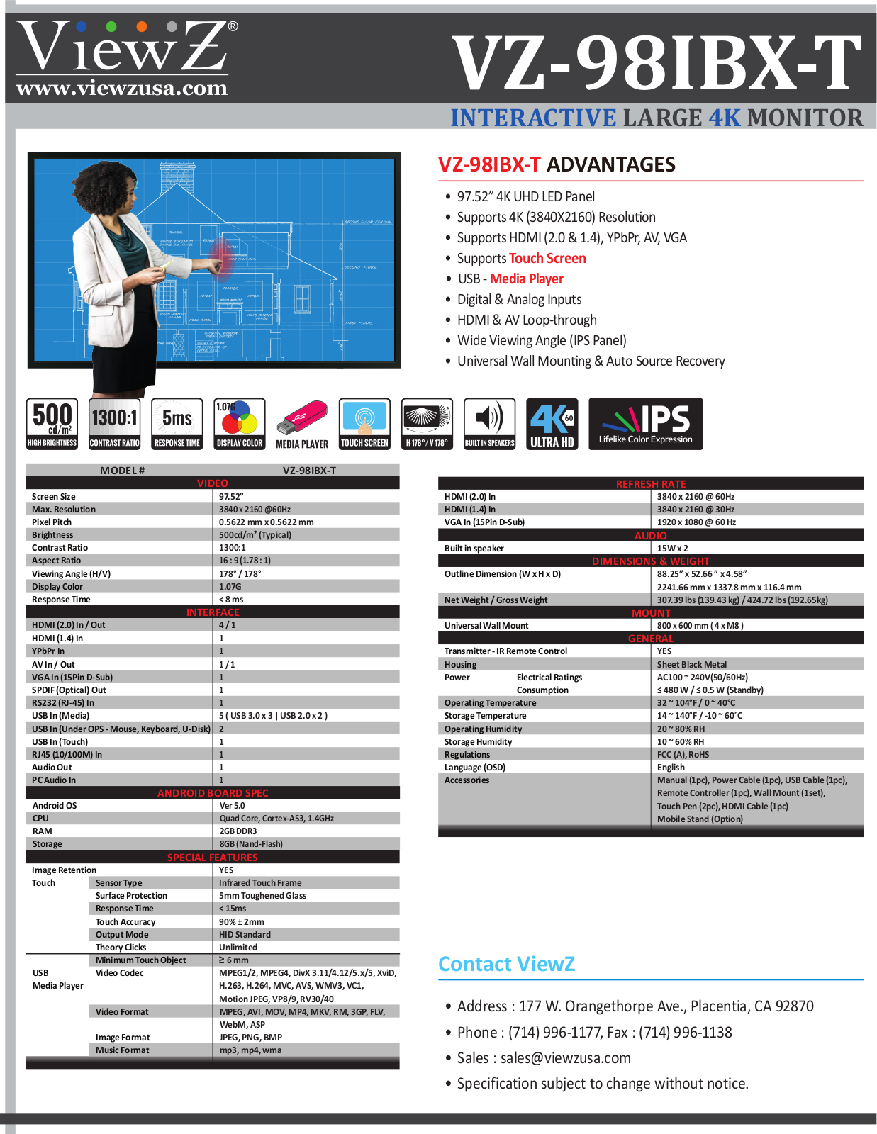 ViewZ VZ-98IBX-T Specsheet