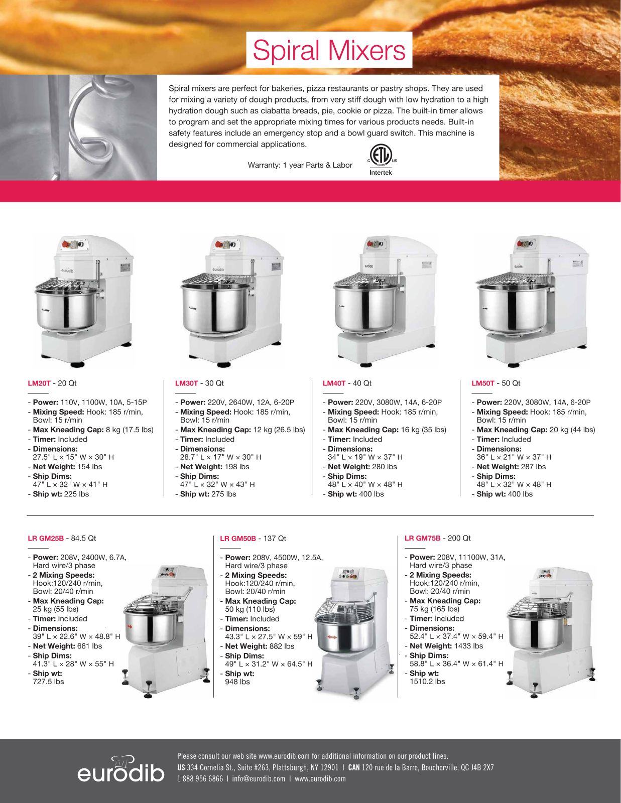 Eurodib GM50B, GM25B, GM75B Specifications