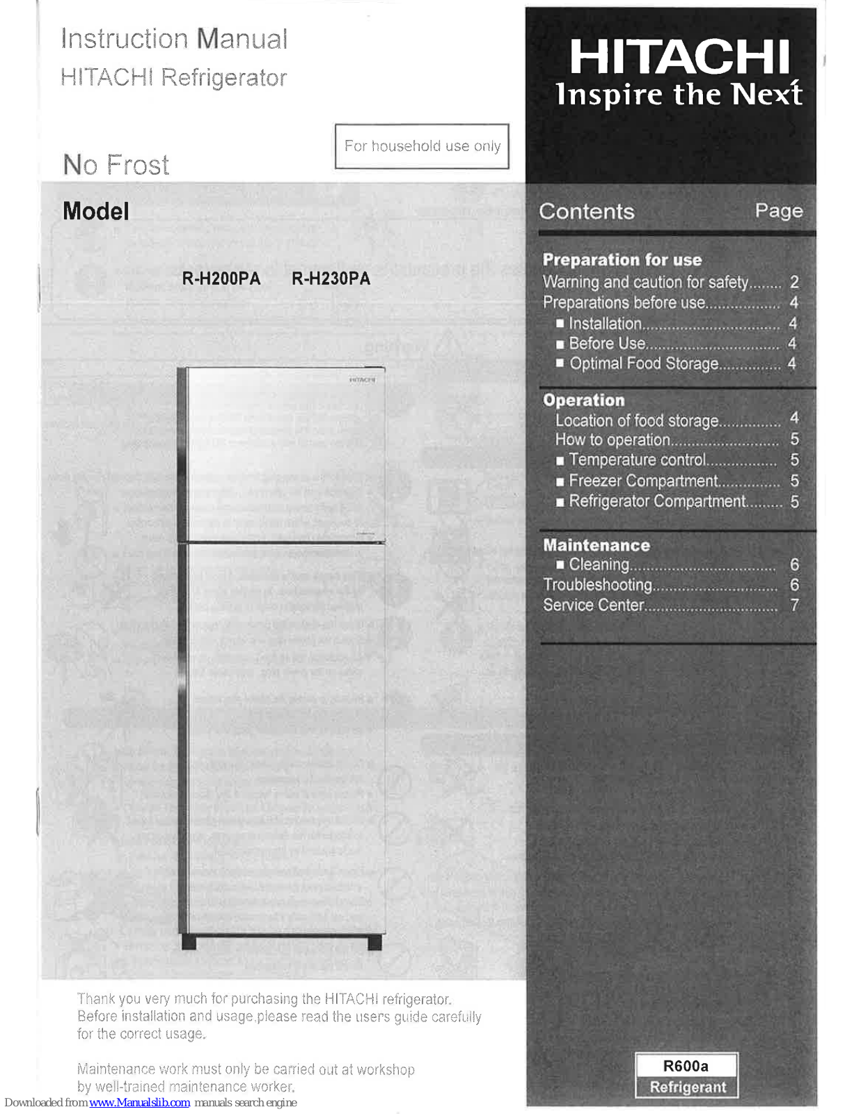 Hitachi R-H200PA, R-H230PA Instruction Manual