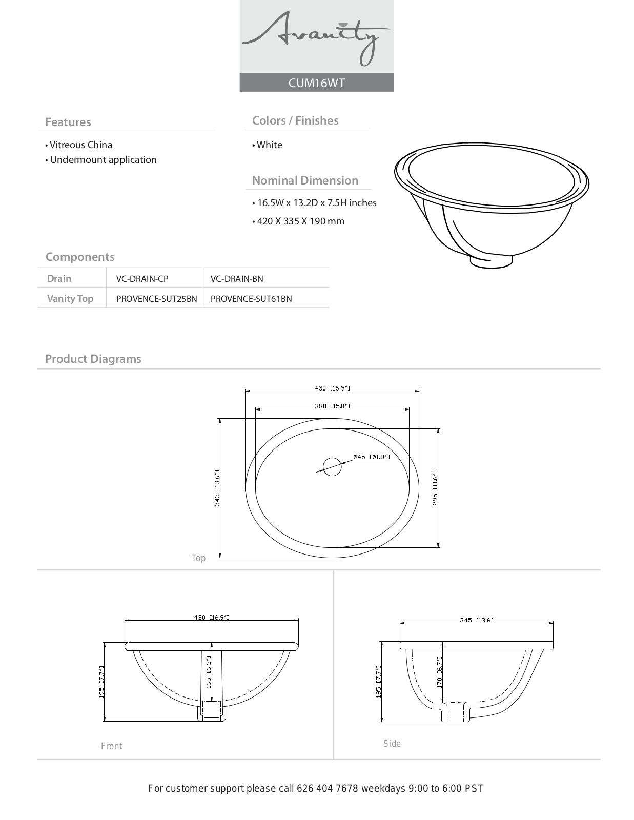 Avanity CUM16WT Specifications