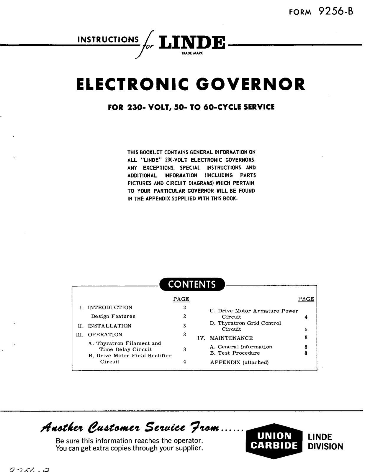 UNION CARBIDE Linde Electronic Governor Troubleshooting instruction
