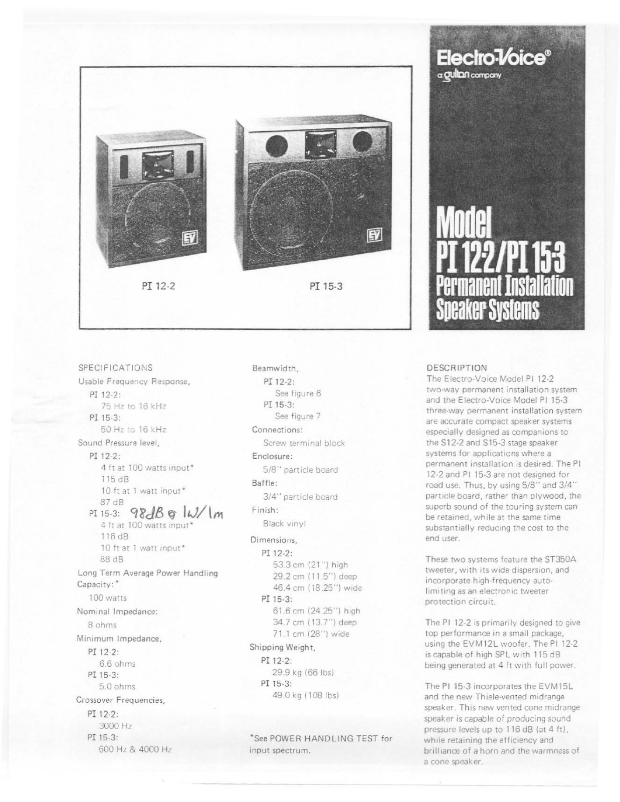 Electro-voice PI 12-2, PI 15-3 DATASHEET