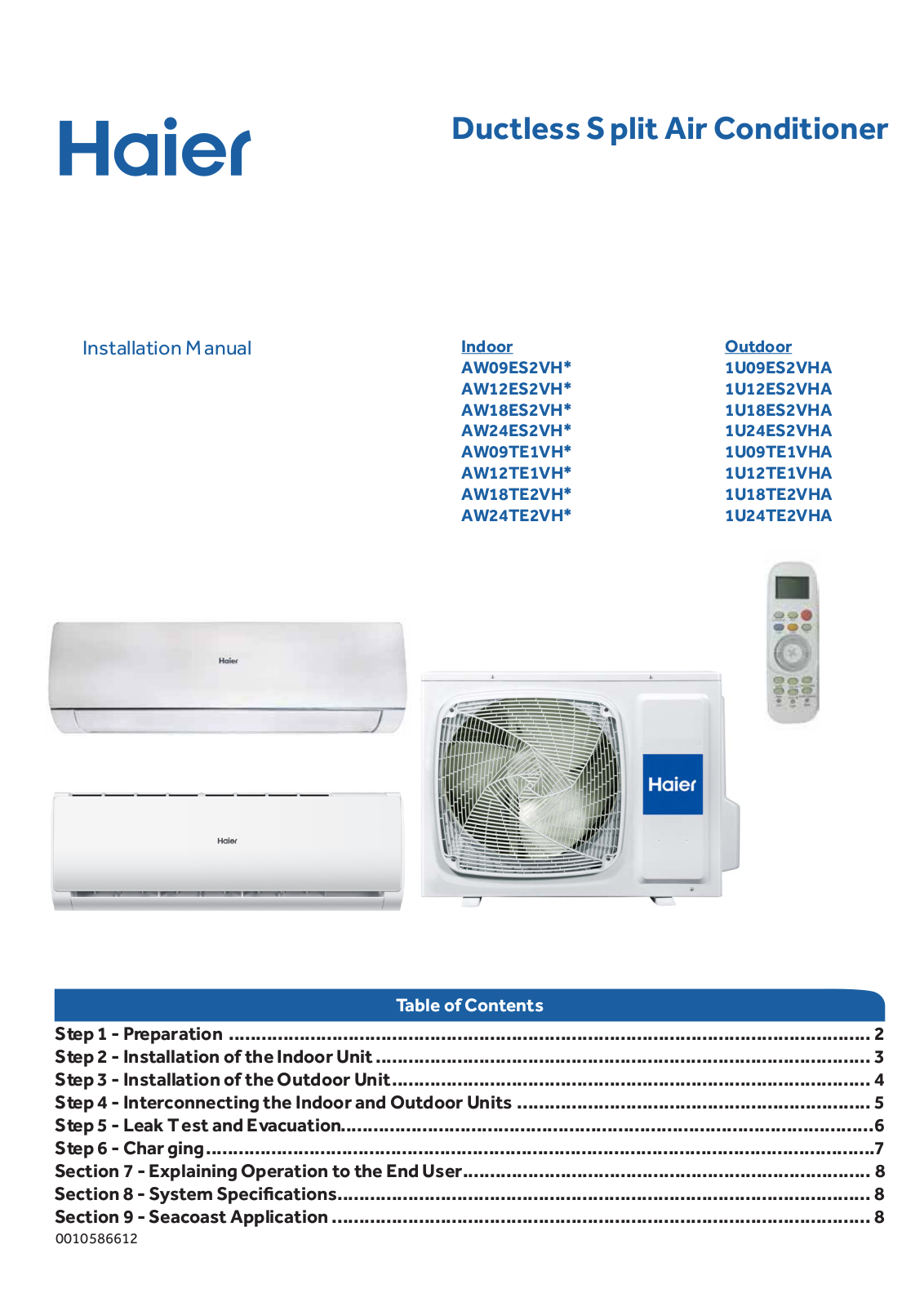 Haier 1u09es2vha-1, 1u12es2vha-1 Owner's Manual